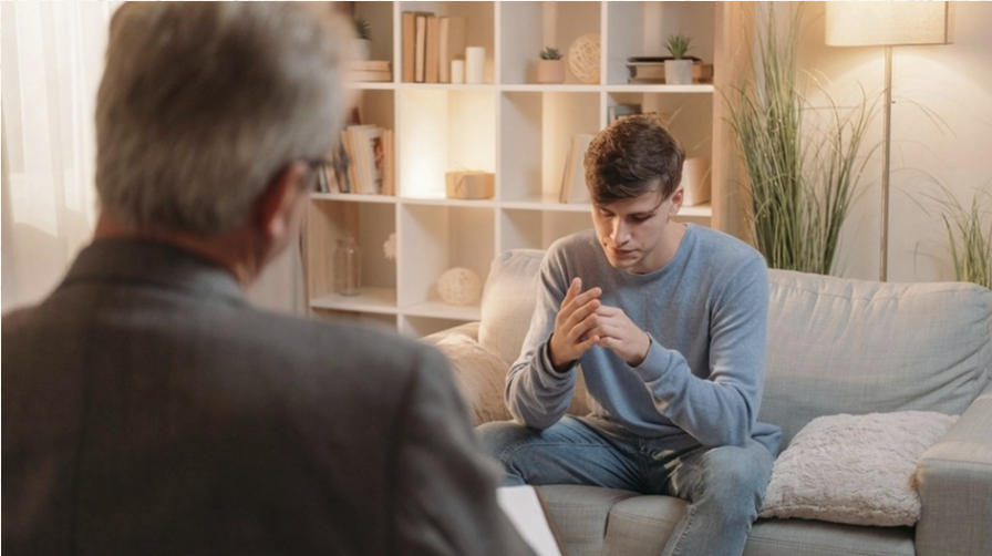 Psychologist interviewing a young man during a court-ordered evaluation