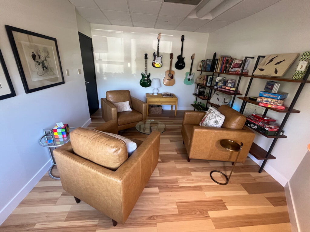 Armchairs and bookshelves in the Corte Madera therapy office, Marin County