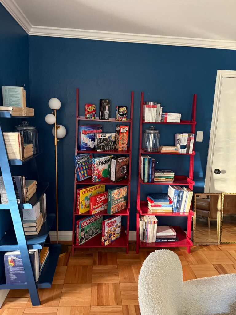 Shelves of books and games in the San Jose therapy office